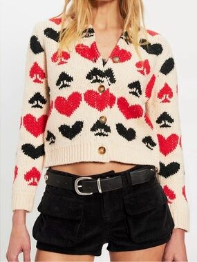 NWT Free People Queenie Cardi Sweater Hearts Spade